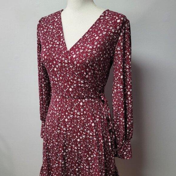 Kaileigh Dress Red Floral Soft Flowy Tie Waist Long Sleeve Tradwife V Neck Small - Picture 3 of 10